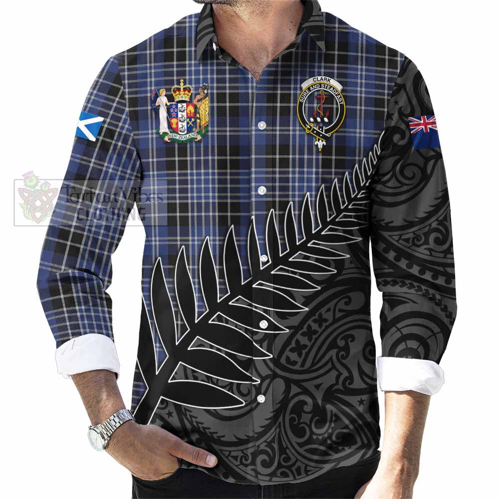 Tartan Vibes Clothing Clark (Clarke) Crest Tartan Long Sleeve Button Shirt with New Zealand Silver Fern Half Style