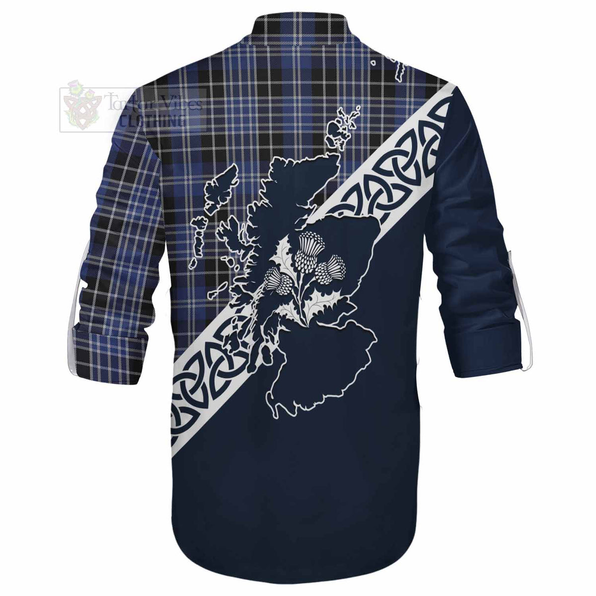 Clark (Clarke) Tartan Ghillie Kilt Shirt Featuring Thistle and Scotland Map - Tartan Vibes Clothing
