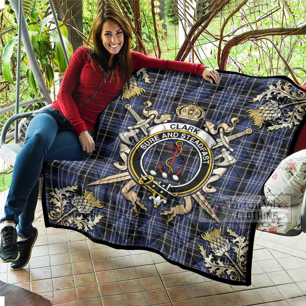 Tartan Vibes Clothing Clark (Clarke) Tartan Quilt with Family Crest and Scottish Golden Courage Shield