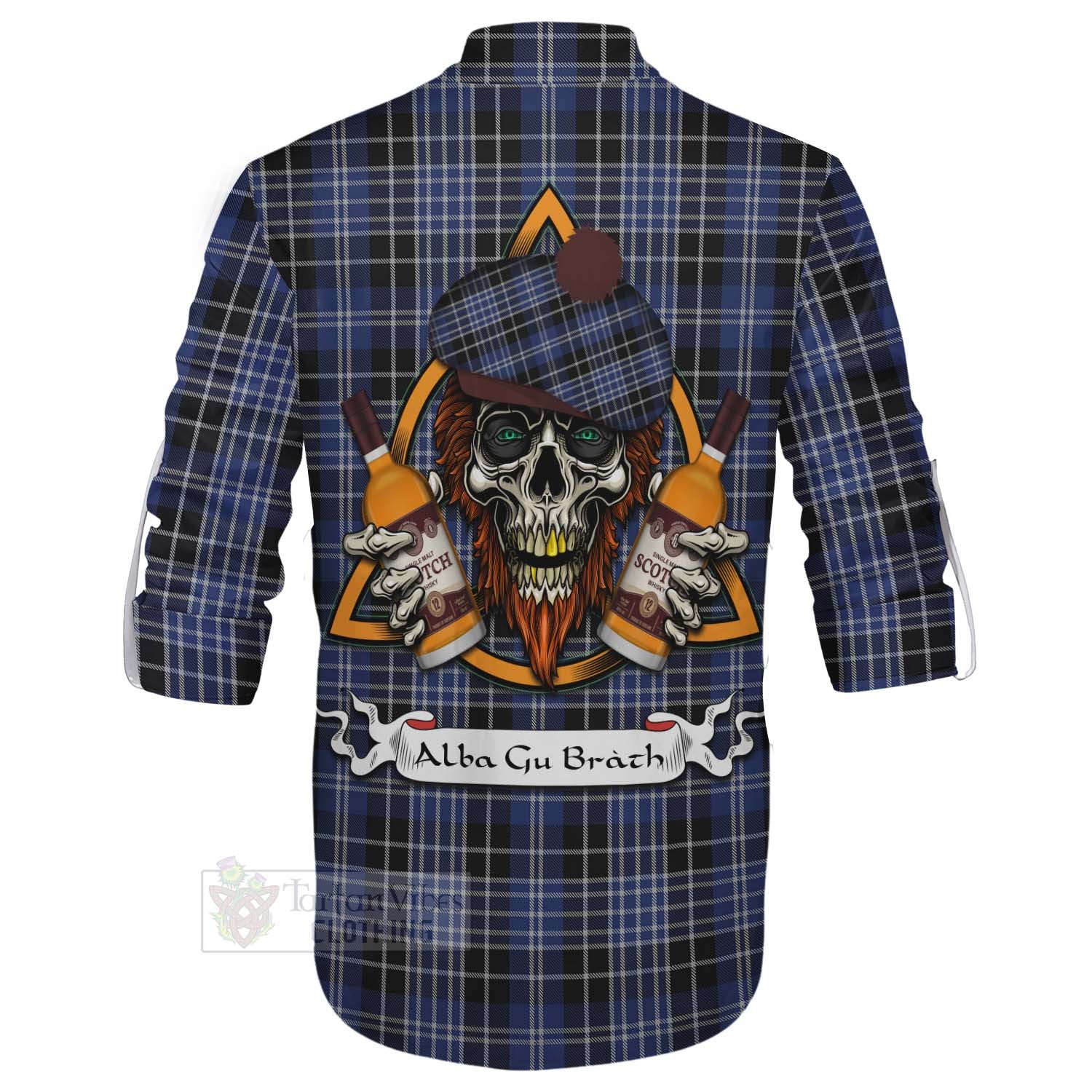 Tartan Vibes Clothing Clark (Clarke) Tartan Ghillie Kilt Shirt with Family Crest and Bearded Skull Holding Bottles of Whiskey