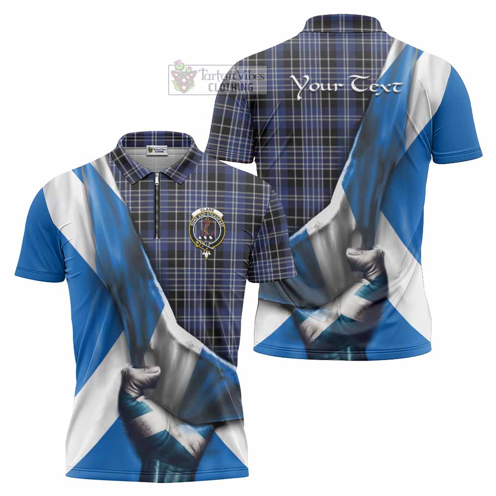 Tartan Vibes Clothing Clark (Clarke) Tartan Zipper Polo Shirt with Family Crest Scotland Patriotic Style