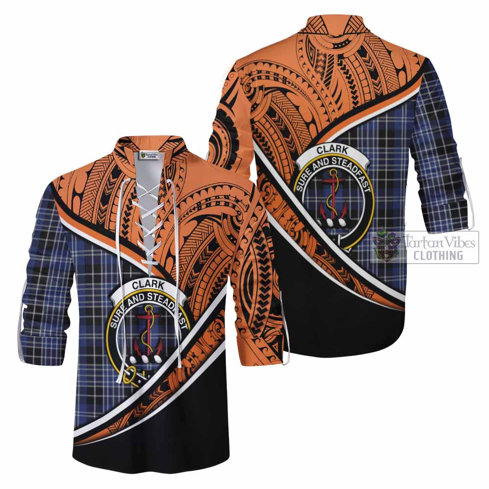 Tartan Vibes Clothing Clark (Clarke) Crest Tartan Ghillie Kilt Shirt with Maori Tattoo Style - Orange Version