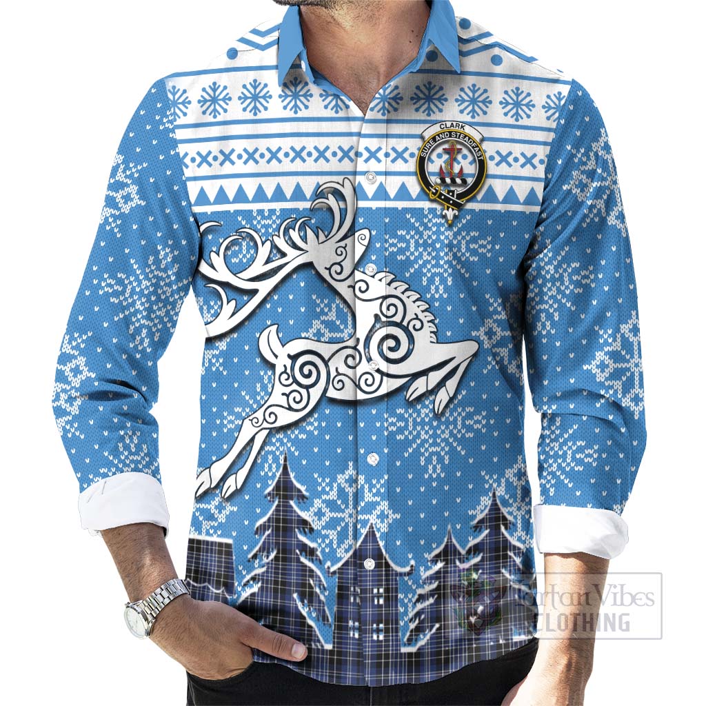 Tartan Vibes Clothing Clark (Clarke) Clan Christmas Long Sleeve Button Shirt Celtic Reindeer Style