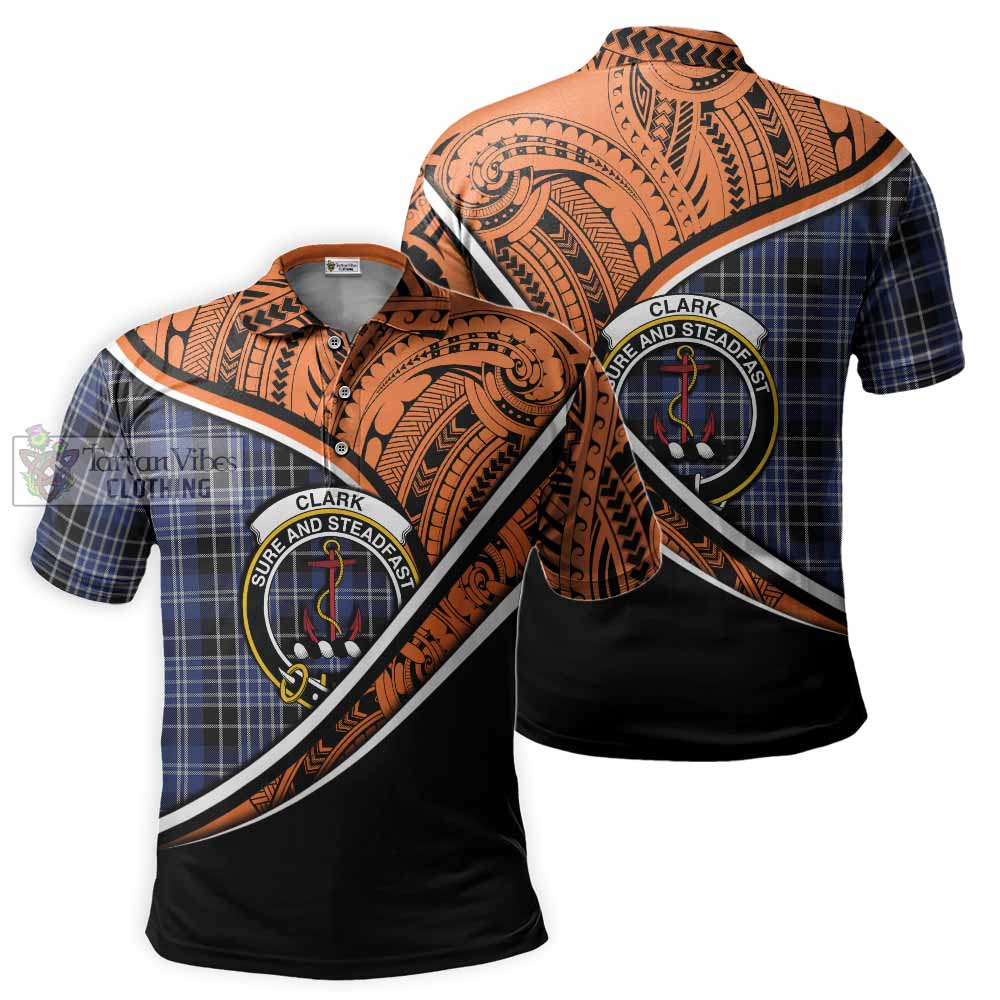 Tartan Vibes Clothing Clark (Clarke) Crest Tartan Polo Shirt with Maori Tattoo Style - Orange Version