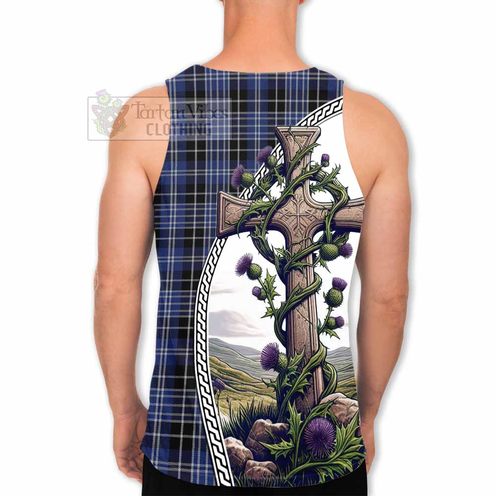 Tartan Vibes Clothing Clark (Clarke) Tartan Men's Tank Top with Family Crest and St. Andrew's Cross Accented by Thistle Vines