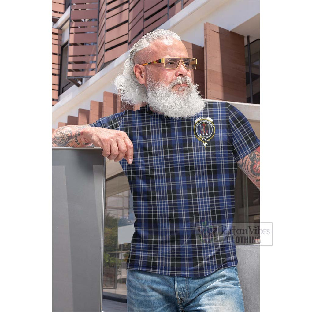 Tartan Vibes Clothing Clark (Clarke) Tartan Cotton T-shirt with Family Crest and Bearded Skull Holding Bottles of Whiskey