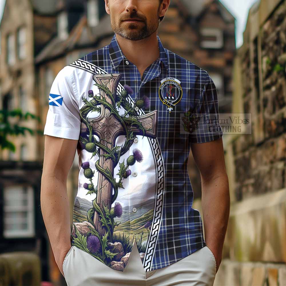 Tartan Vibes Clothing Clark (Clarke) Tartan Short Sleeve Button Shirt with Family Crest and St. Andrew's Cross Accented by Thistle Vines