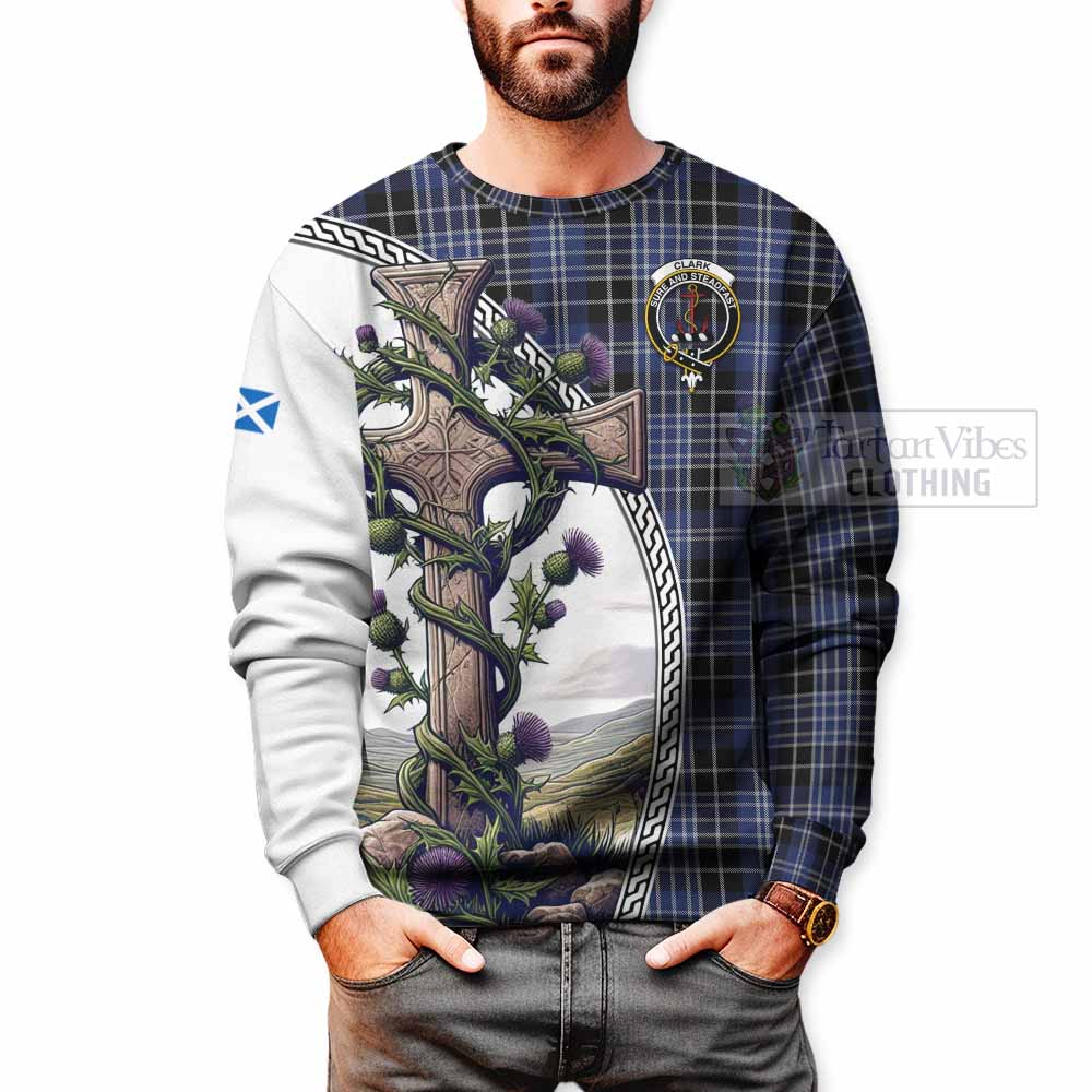 Tartan Vibes Clothing Clark (Clarke) Tartan Sweatshirt with Family Crest and St. Andrew's Cross Accented by Thistle Vines