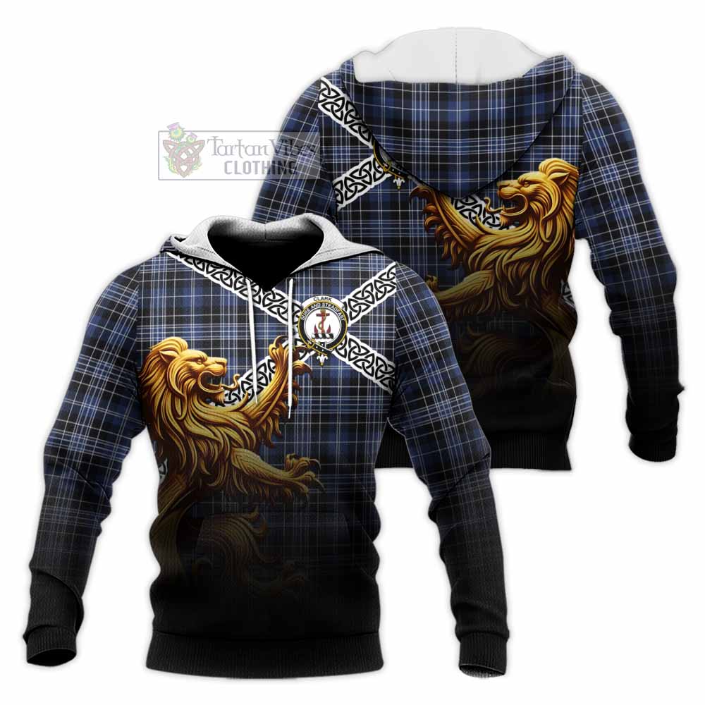 Clark (Clarke) Crest Tartan Knitted Hoodie with Golden Lion Emblem Celtic Style - Tartan Vibes Clothing