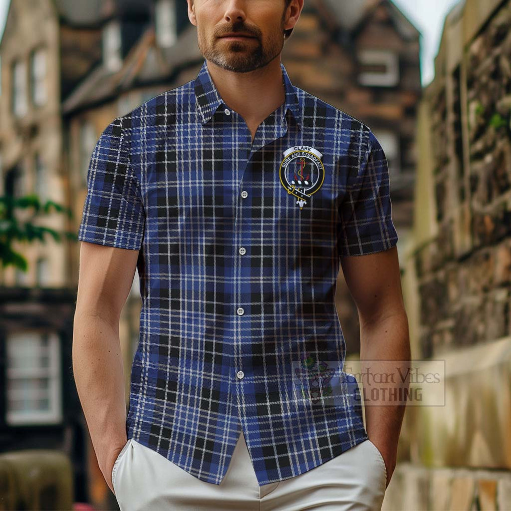 Tartan Vibes Clothing Clark (Clarke) Tartan Short Sleeve Button Shirt with Family Crest Celtic Skull Style