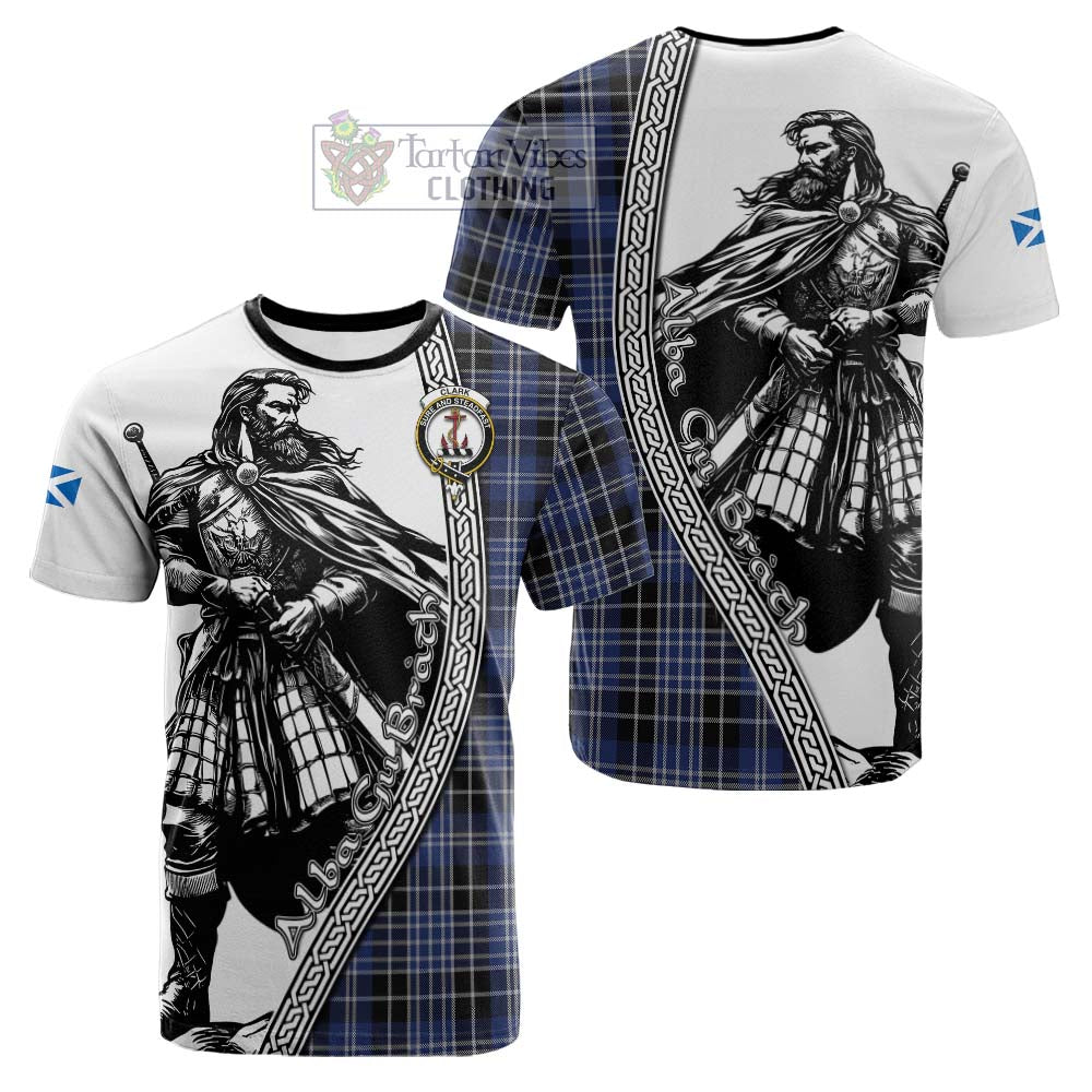 Clark (Clarke) Tartan Clan Crest Cotton T-shirt with Highlander Warrior Celtic Style