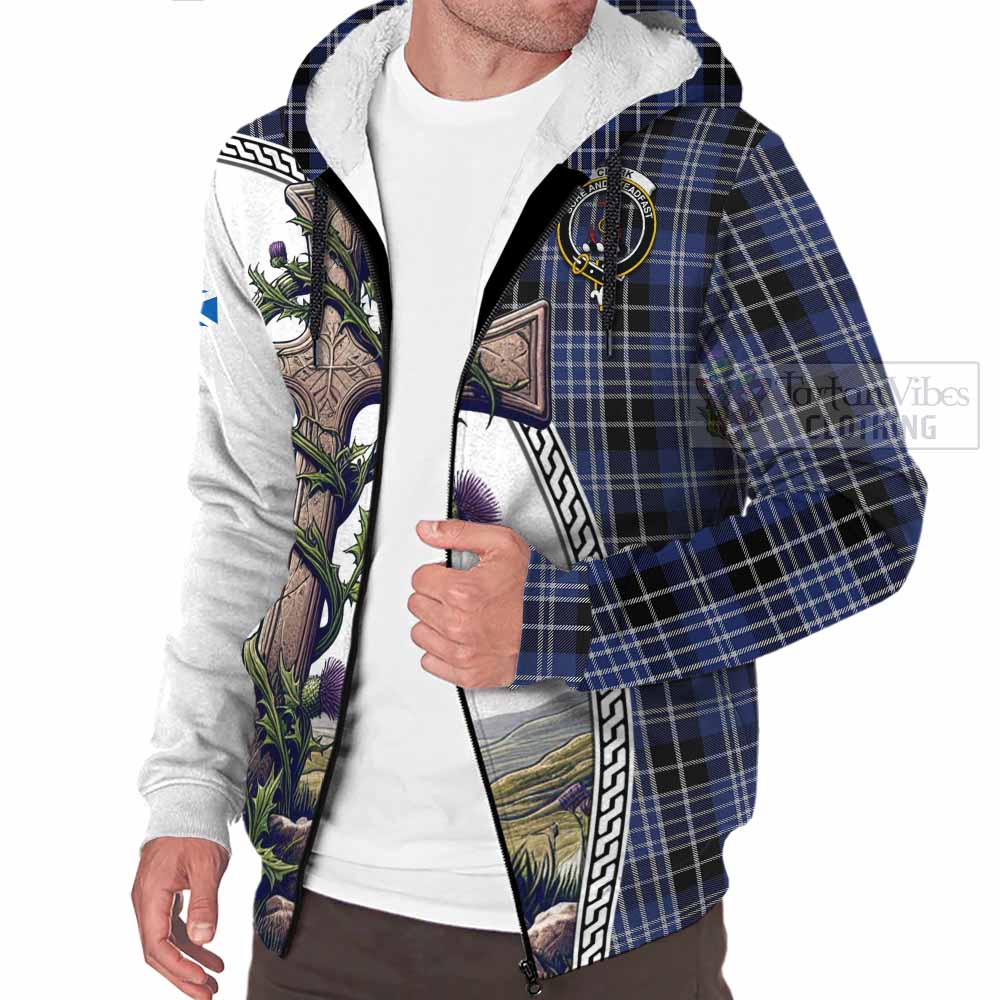 Tartan Vibes Clothing Clark (Clarke) Tartan Sherpa Hoodie with Family Crest and St. Andrew's Cross Accented by Thistle Vines