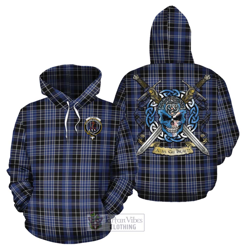 Tartan Vibes Clothing Clark (Clarke) Tartan Cotton Hoodie with Family Crest Celtic Skull Style