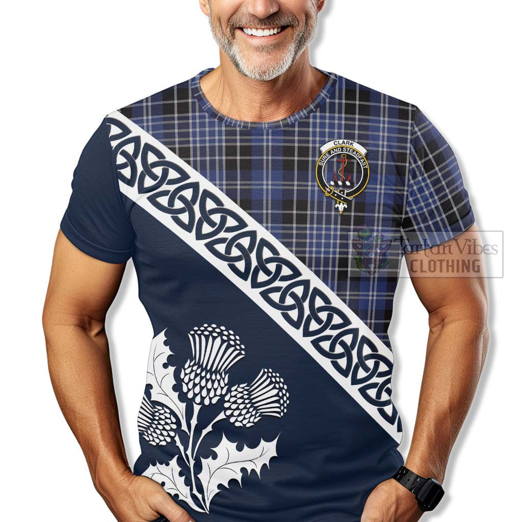 Clark (Clarke) Tartan T-Shirt Featuring Thistle and Scotland Map