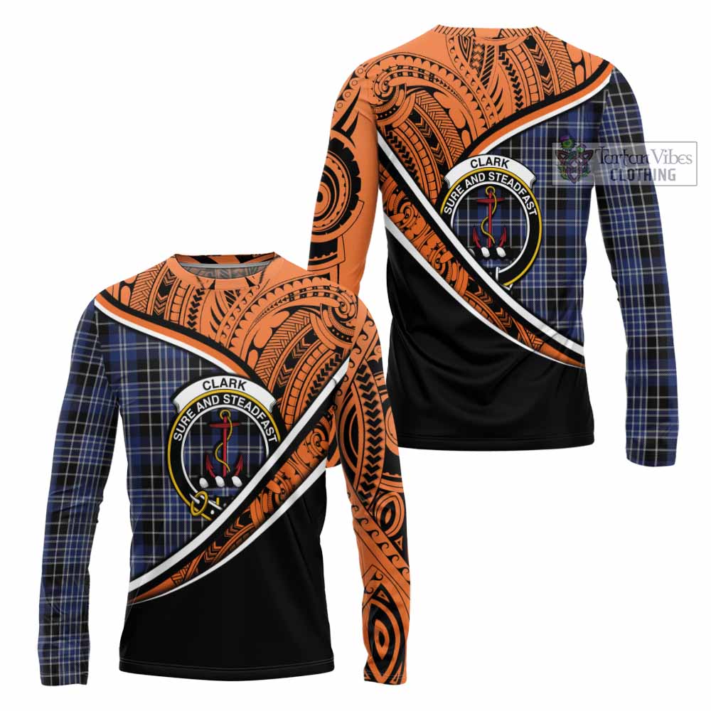 Tartan Vibes Clothing Clark (Clarke) Crest Tartan Long Sleeve T-Shirt with Maori Tattoo Style - Orange Version