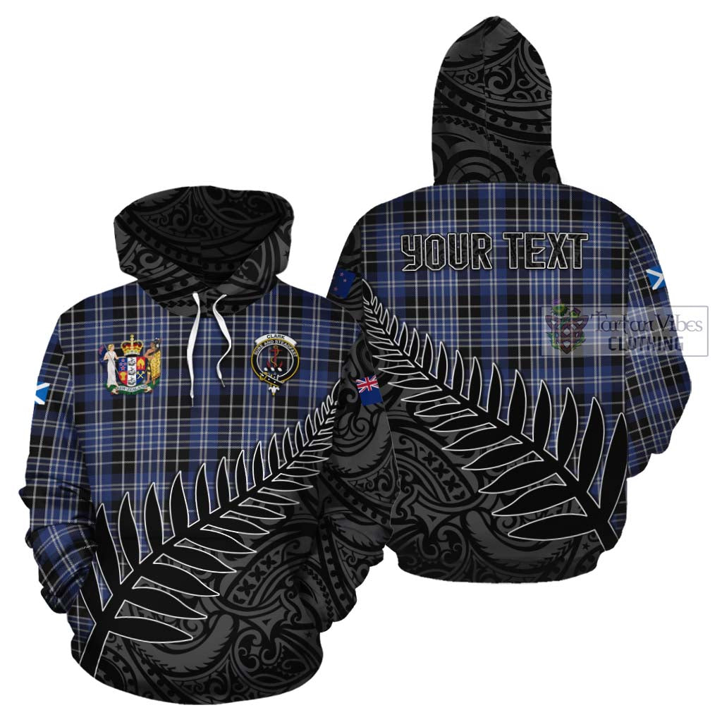 Tartan Vibes Clothing Clark (Clarke) Crest Tartan Cotton Hoodie with New Zealand Silver Fern Half Style