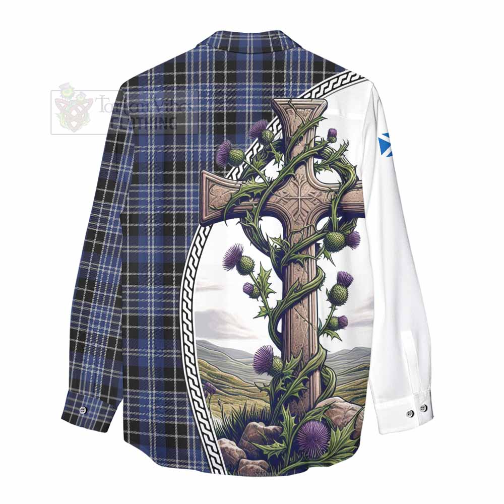 Tartan Vibes Clothing Clark (Clarke) Tartan Women's Casual Shirt with Family Crest and St. Andrew's Cross Accented by Thistle Vines