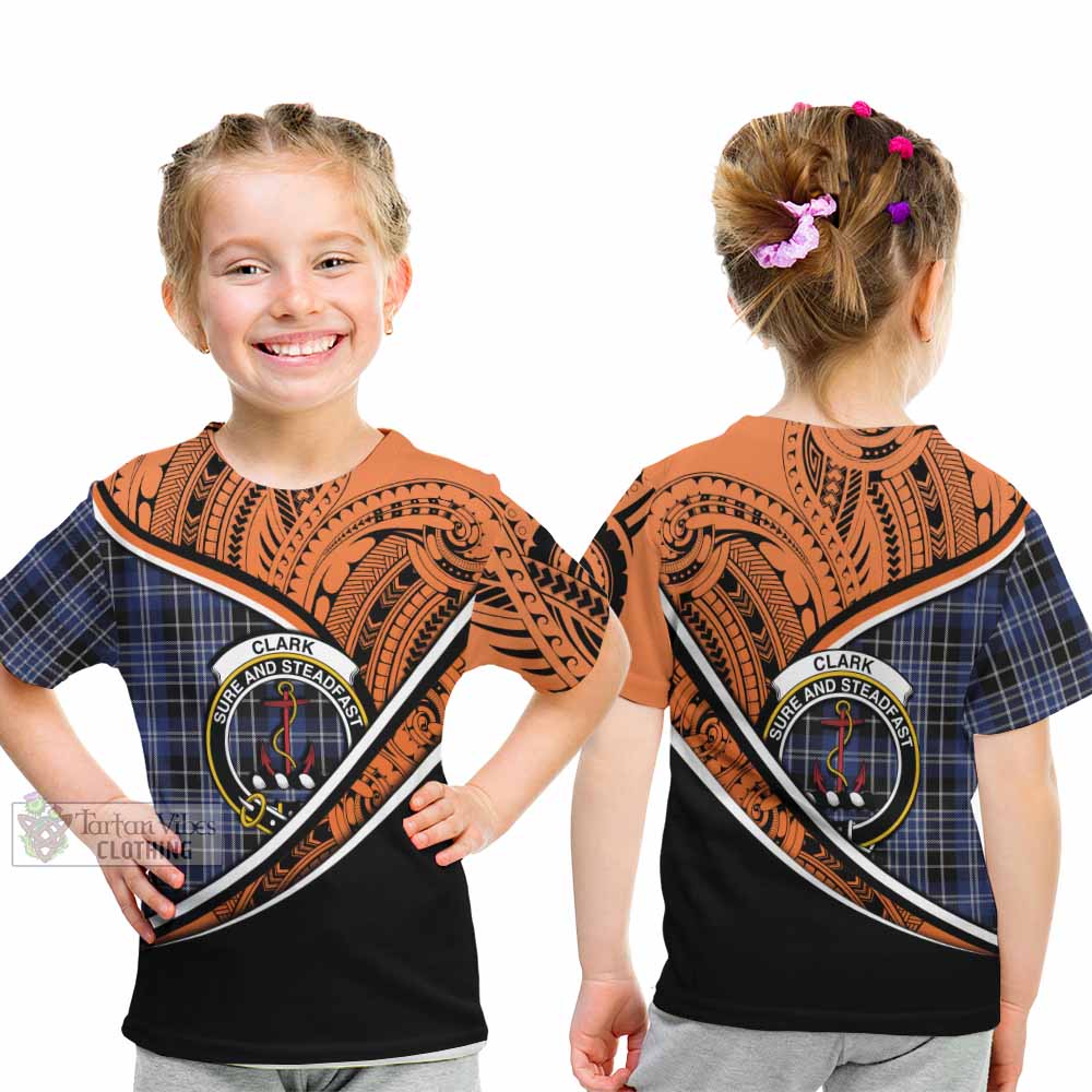 Tartan Vibes Clothing Clark (Clarke) Crest Tartan Kid T-Shirt with Maori Tattoo Style - Orange Version