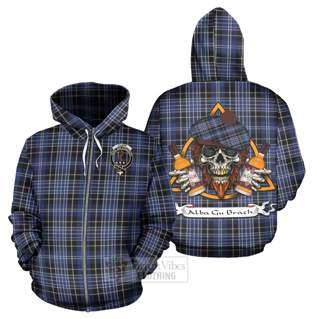 Tartan Vibes Clothing Clark (Clarke) Tartan Hoodie with Family Crest and Bearded Skull Holding Bottles of Whiskey