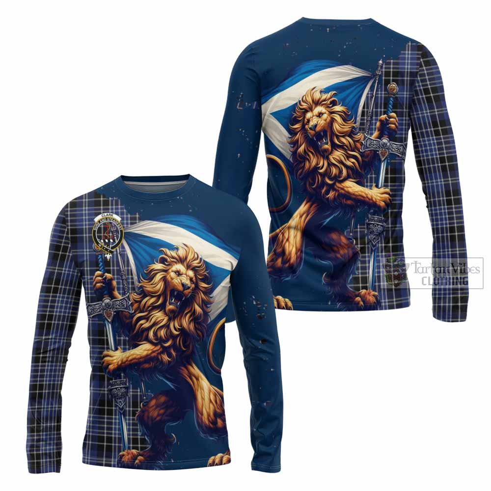 Tartan Vibes Clothing Clark (Clarke) Tartan Family Crest Long Sleeve T-Shirt with Scottish Majestic Lion