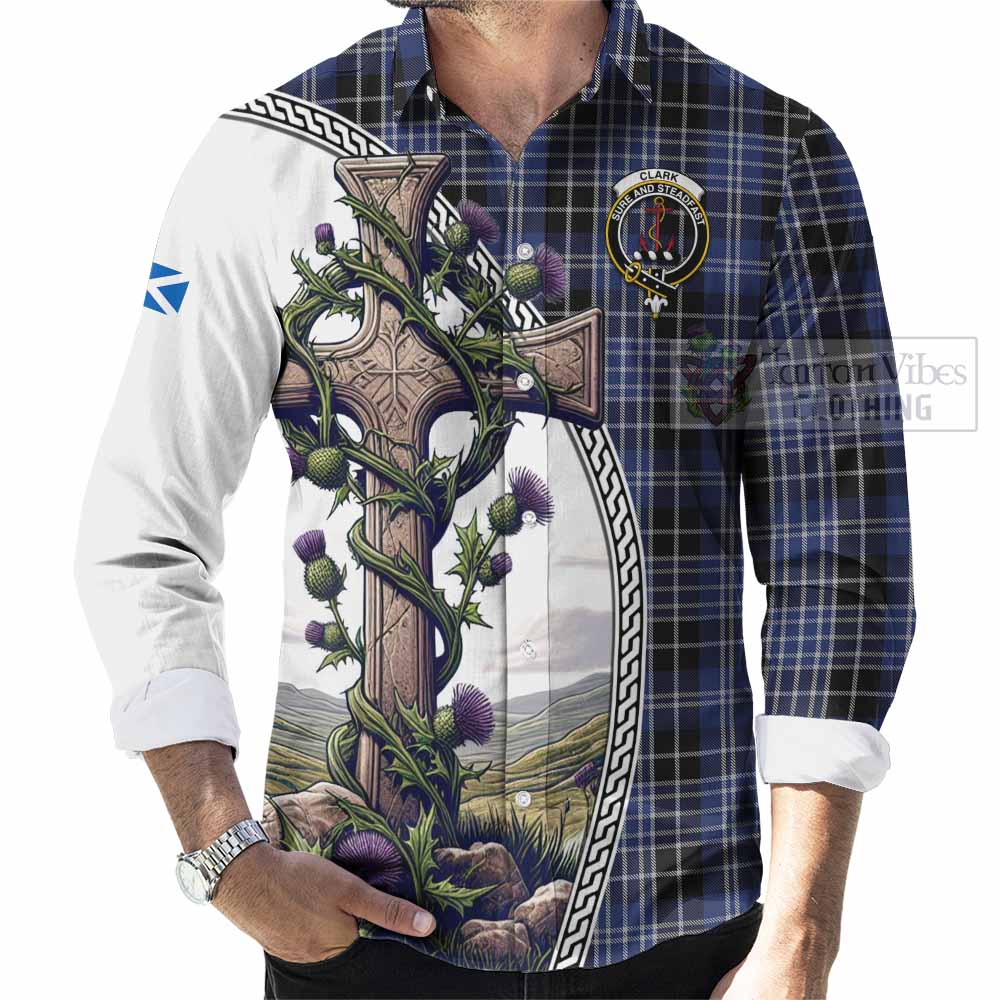 Tartan Vibes Clothing Clark (Clarke) Tartan Long Sleeve Button Shirt with Family Crest and St. Andrew's Cross Accented by Thistle Vines