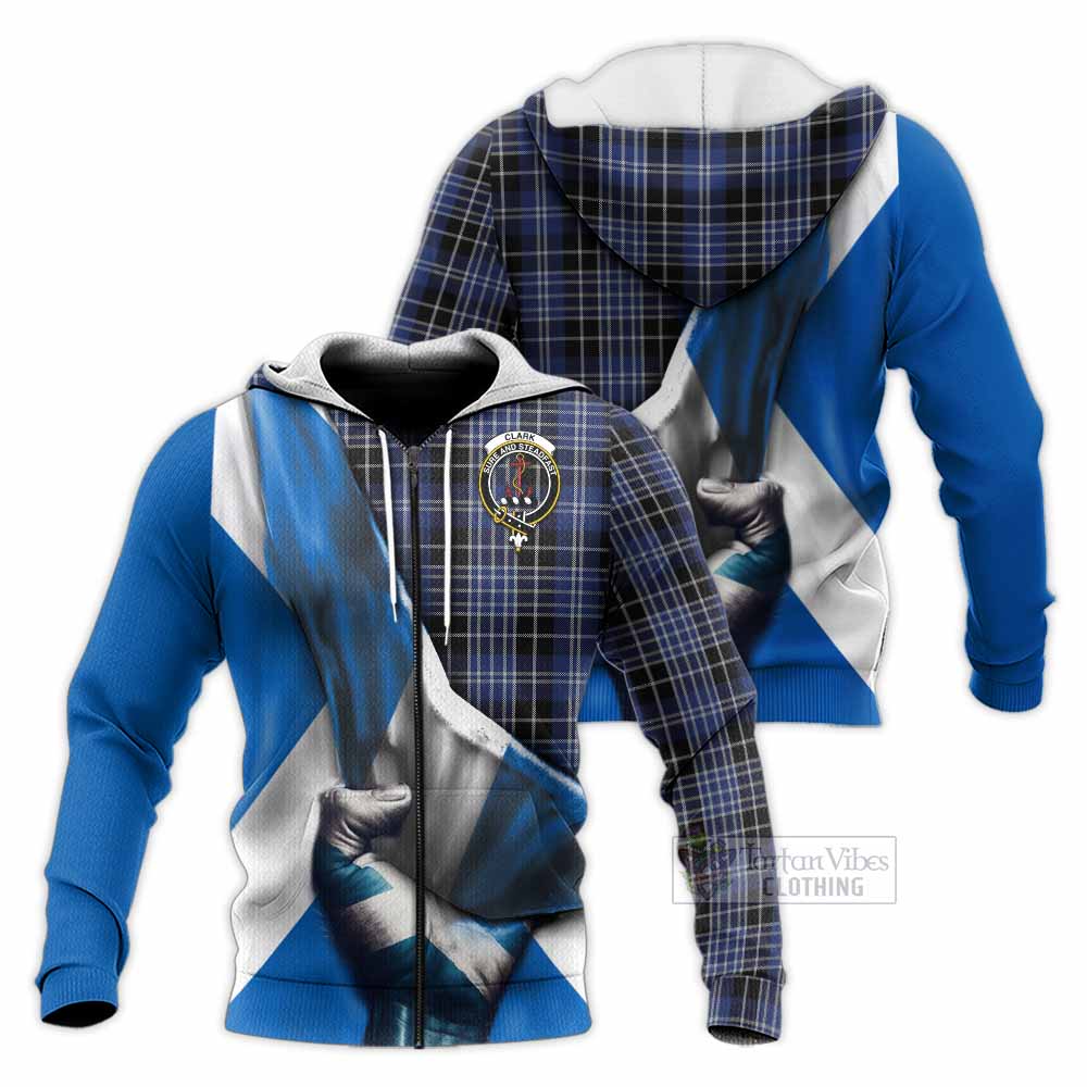 Tartan Vibes Clothing Clark (Clarke) Tartan Knitted Hoodie with Family Crest Scotland Patriotic Style