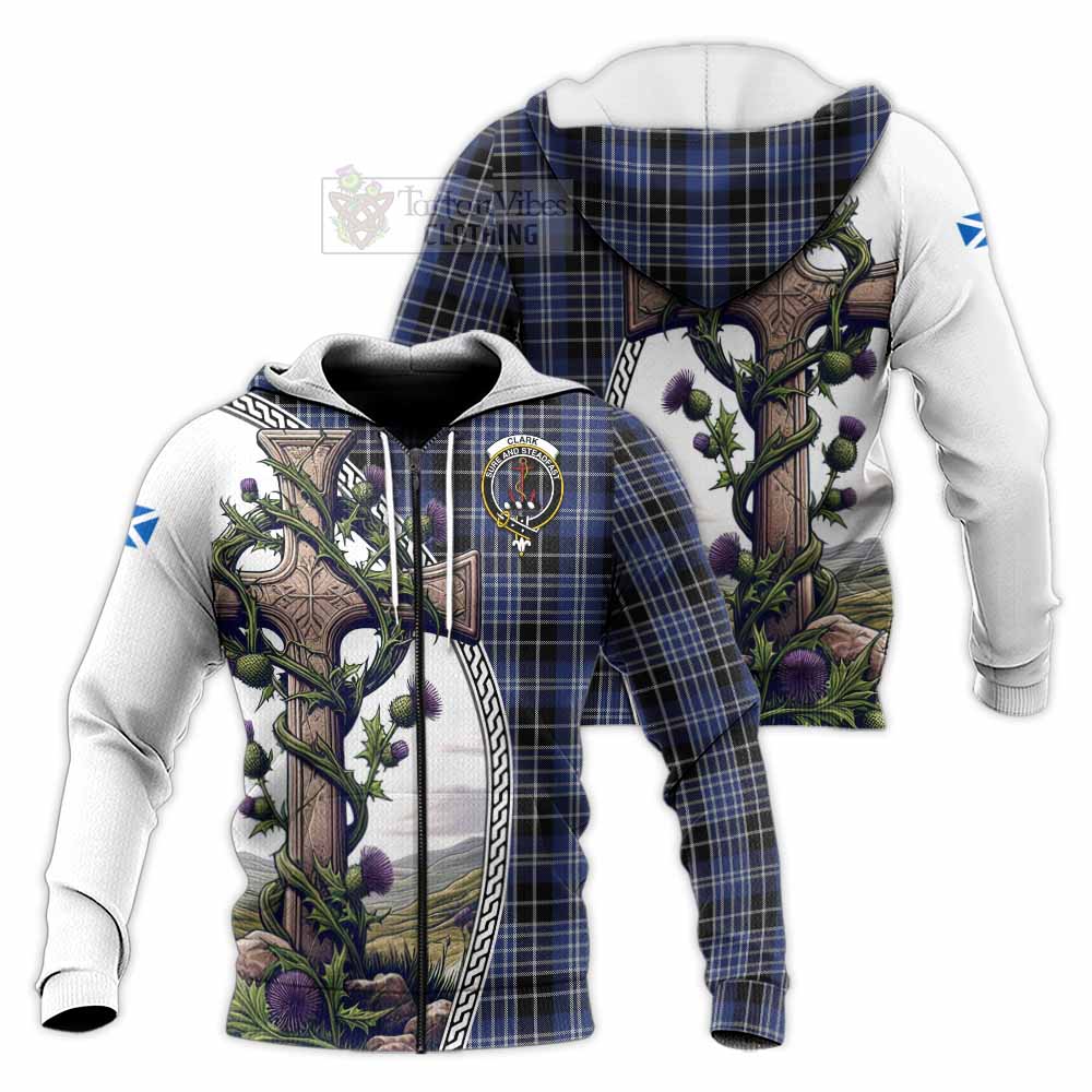 Tartan Vibes Clothing Clark (Clarke) Tartan Knitted Hoodie with Family Crest and St. Andrew's Cross Accented by Thistle Vines