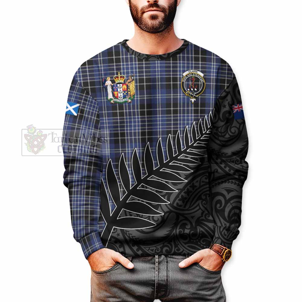 Tartan Vibes Clothing Clark (Clarke) Crest Tartan Sweatshirt with New Zealand Silver Fern Half Style