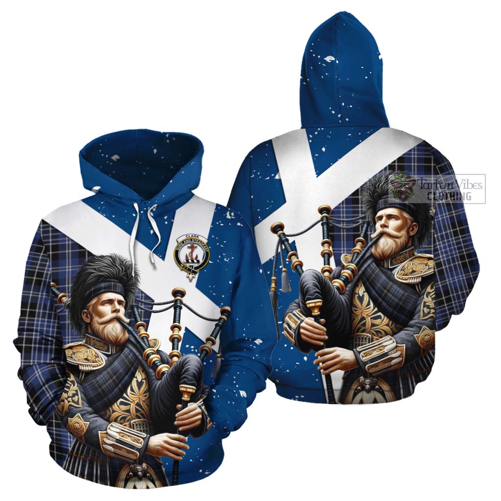 Tartan Vibes Clothing Clark (Clarke) Tartan Cotton Hoodie with Family Crest Scottish Bagpiper Vibes