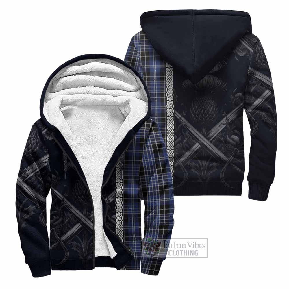 Tartan Vibes Clothing Clark (Clarke) Tartan Sherpa Hoodie with Family Crest Cross Sword Thistle Celtic Vibes