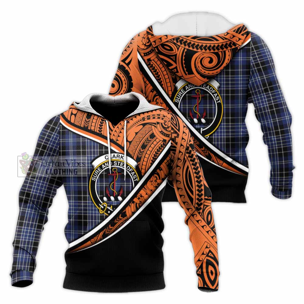 Tartan Vibes Clothing Clark (Clarke) Crest Tartan Knitted Hoodie with Maori Tattoo Style - Orange Version