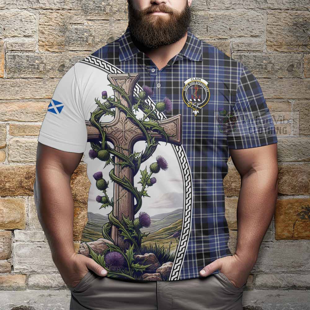 Tartan Vibes Clothing Clark (Clarke) Tartan Polo Shirt with Family Crest and St. Andrew's Cross Accented by Thistle Vines