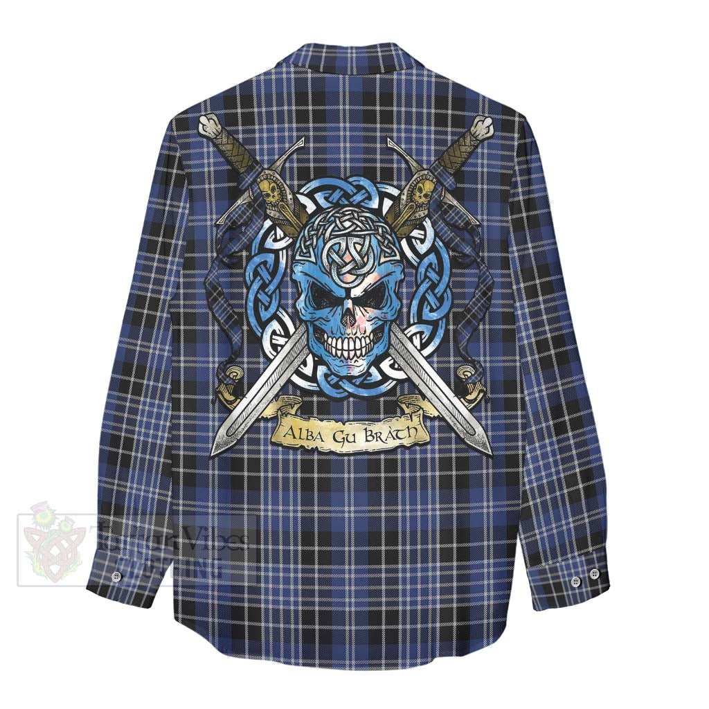 Tartan Vibes Clothing Clark (Clarke) Tartan Women's Casual Shirt with Family Crest Celtic Skull Style