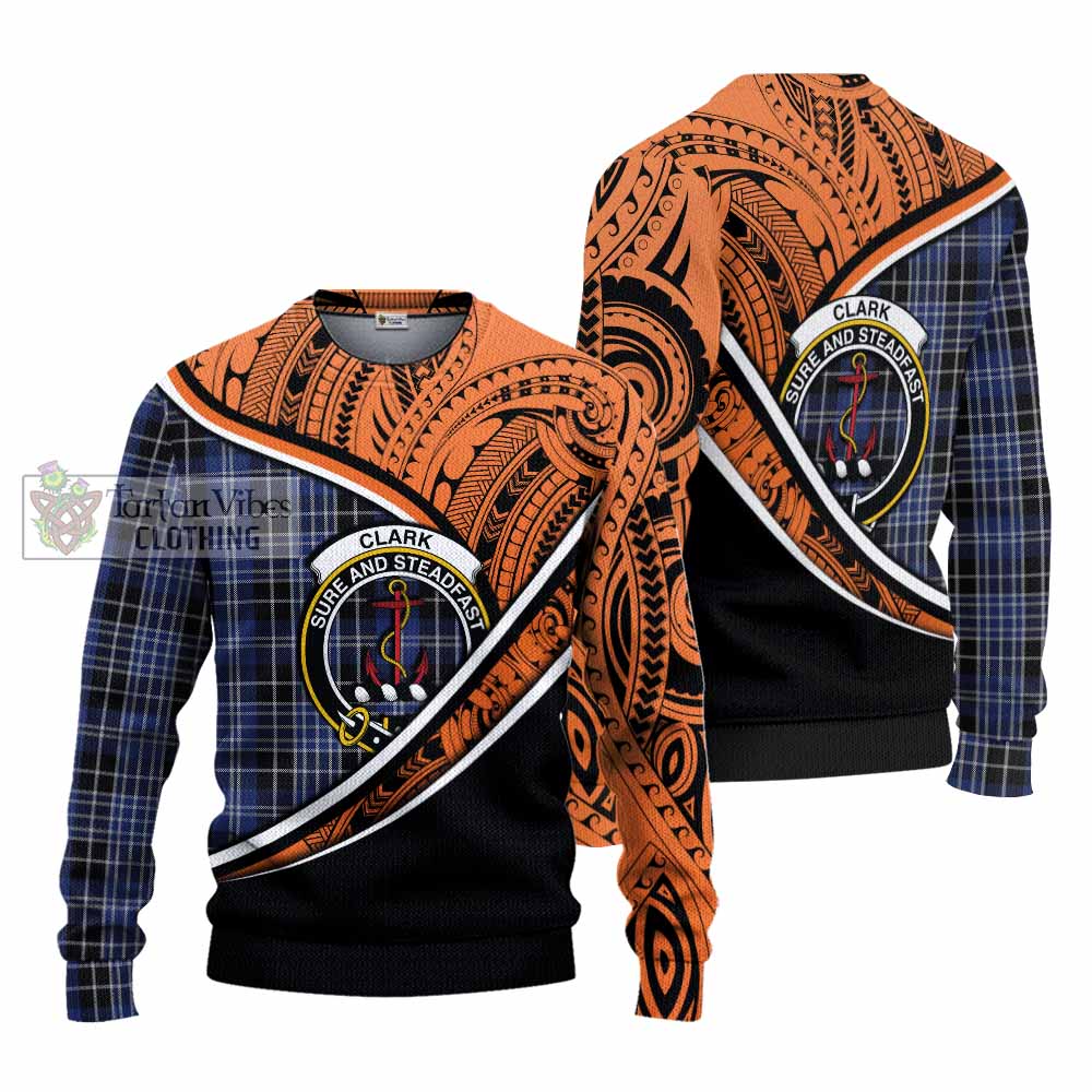 Tartan Vibes Clothing Clark (Clarke) Crest Tartan Knitted Sweater with Maori Tattoo Style - Orange Version