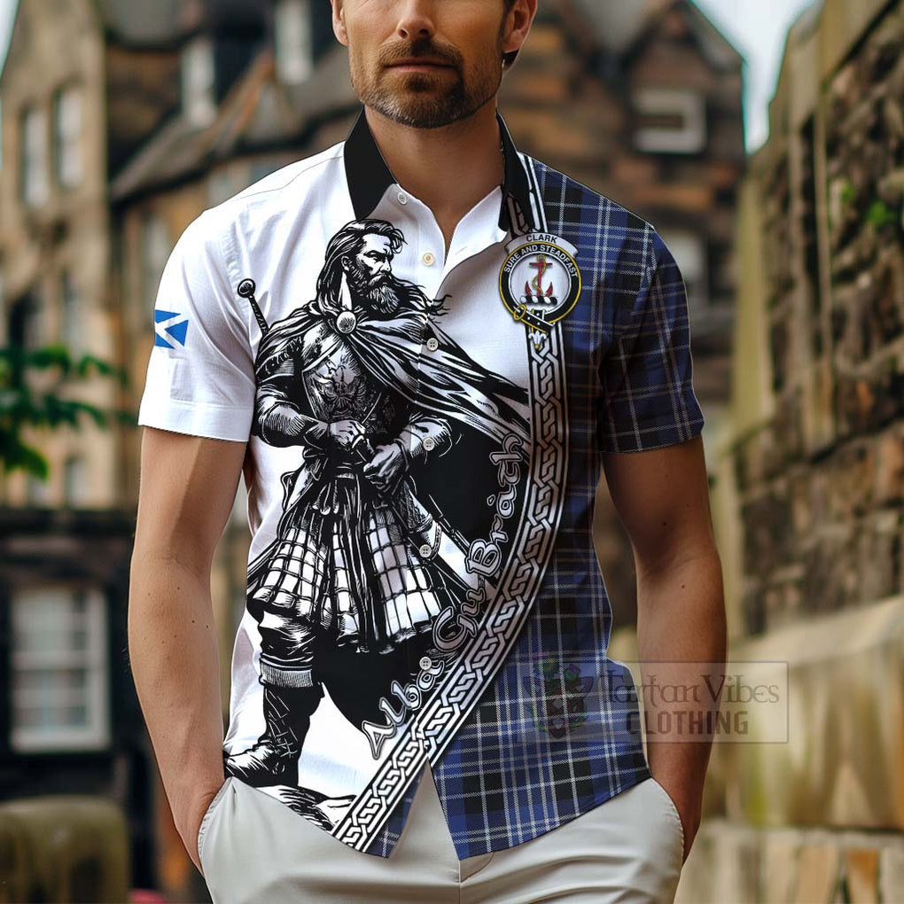 Tartan Vibes Clothing Clark (Clarke) Tartan Clan Crest Short Sleeve Button Shirt with Highlander Warrior Celtic Style