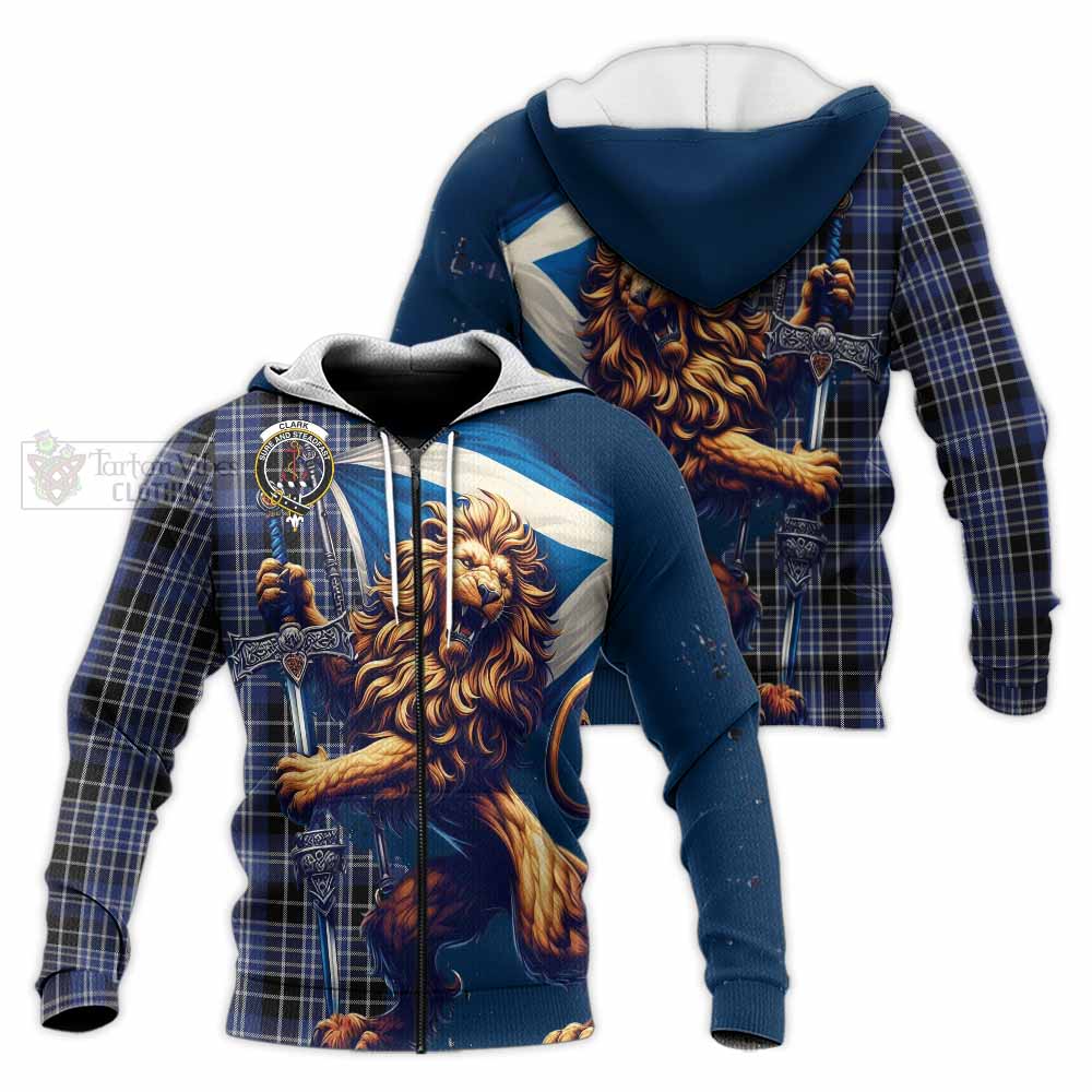 Tartan Vibes Clothing Clark (Clarke) Tartan Family Crest Knitted Hoodie with Scottish Majestic Lion