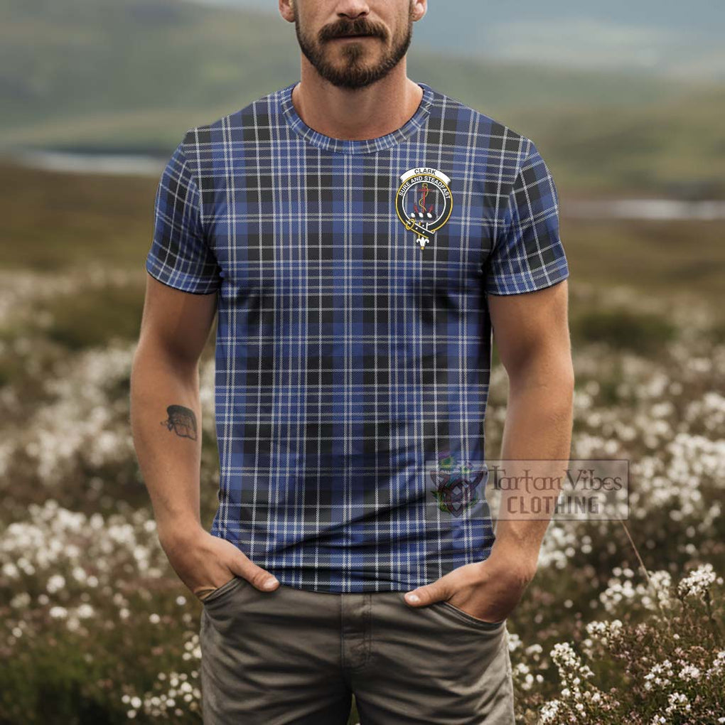 Tartan Vibes Clothing Clark (Clarke) Tartan T-Shirt with Family Crest and Bearded Skull Holding Bottles of Whiskey