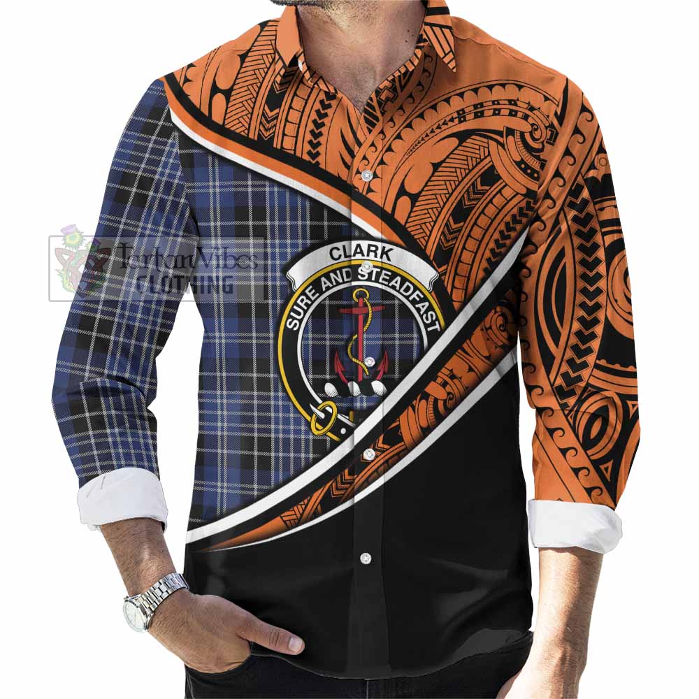 Tartan Vibes Clothing Clark (Clarke) Crest Tartan Long Sleeve Button Shirt with Maori Tattoo Style - Orange Version