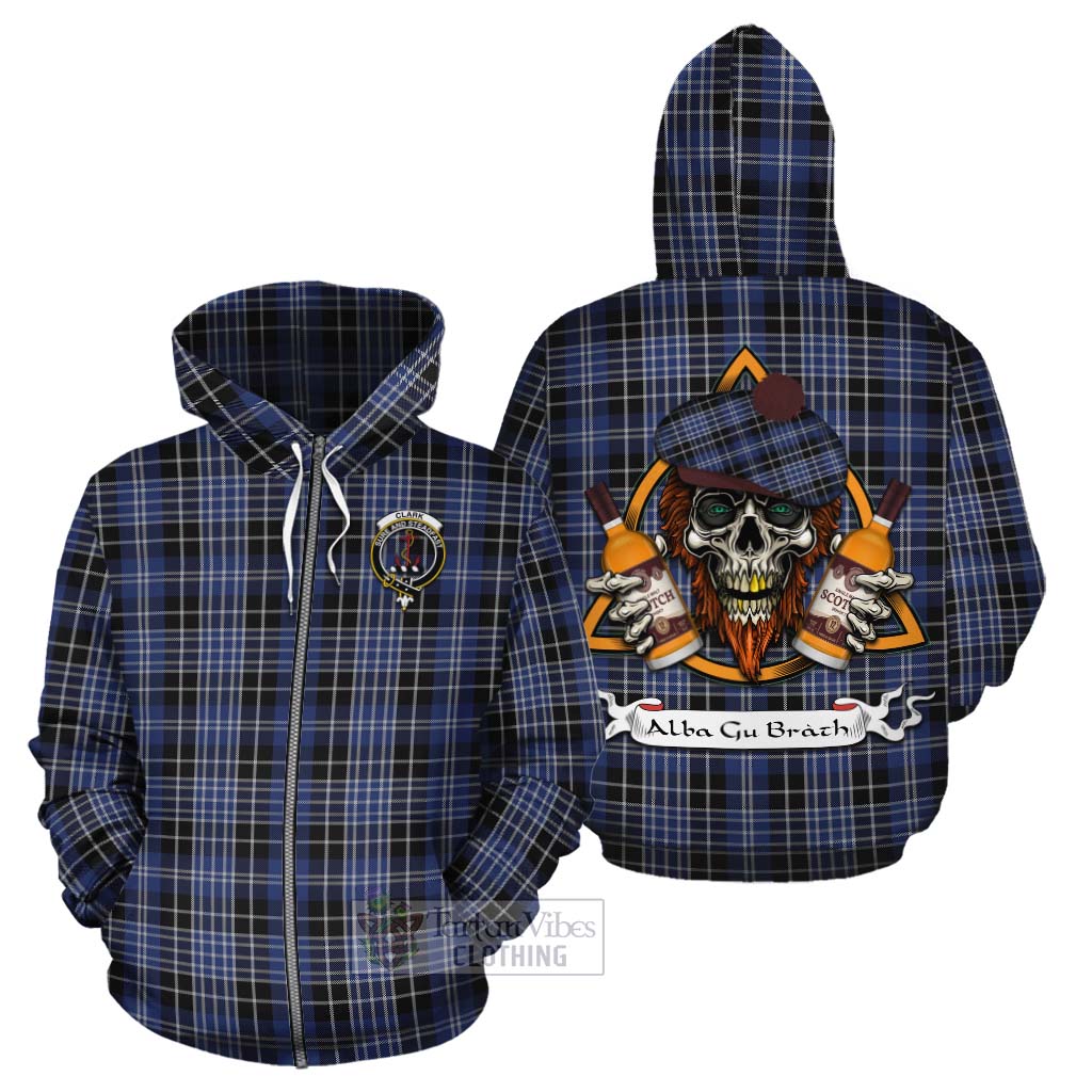 Tartan Vibes Clothing Clark (Clarke) Tartan Cotton Hoodie with Family Crest and Bearded Skull Holding Bottles of Whiskey