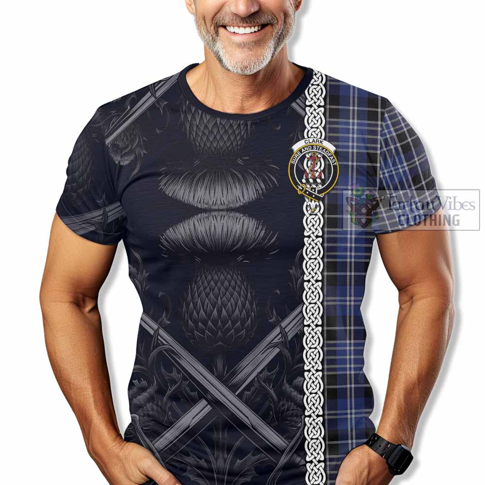 Tartan Vibes Clothing Clark (Clarke) Tartan T-Shirt with Family Crest Cross Sword Thistle Celtic Vibes