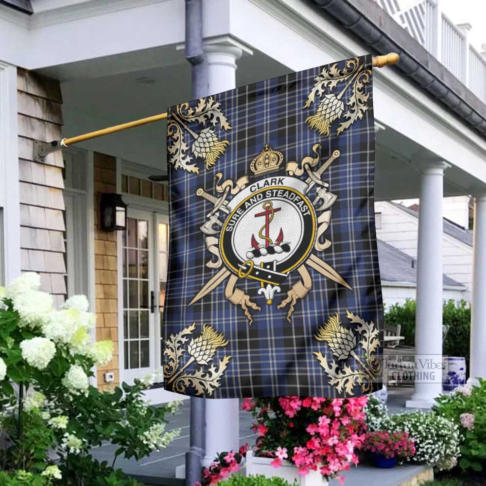 Tartan Vibes Clothing Clark (Clarke) Tartan Flag with Family Crest and Golden Thistle Crossed Sword Design