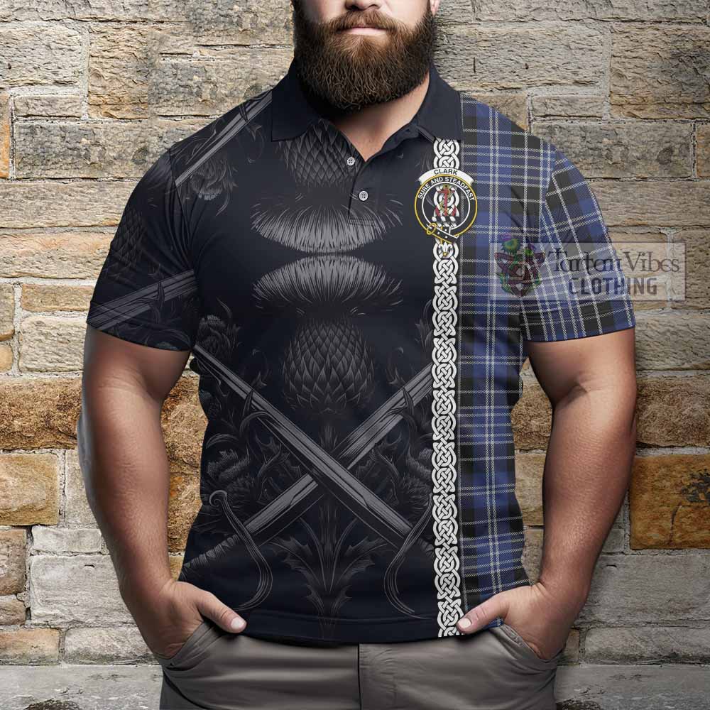 Tartan Vibes Clothing Clark (Clarke) Tartan Polo Shirt with Family Crest Cross Sword Thistle Celtic Vibes