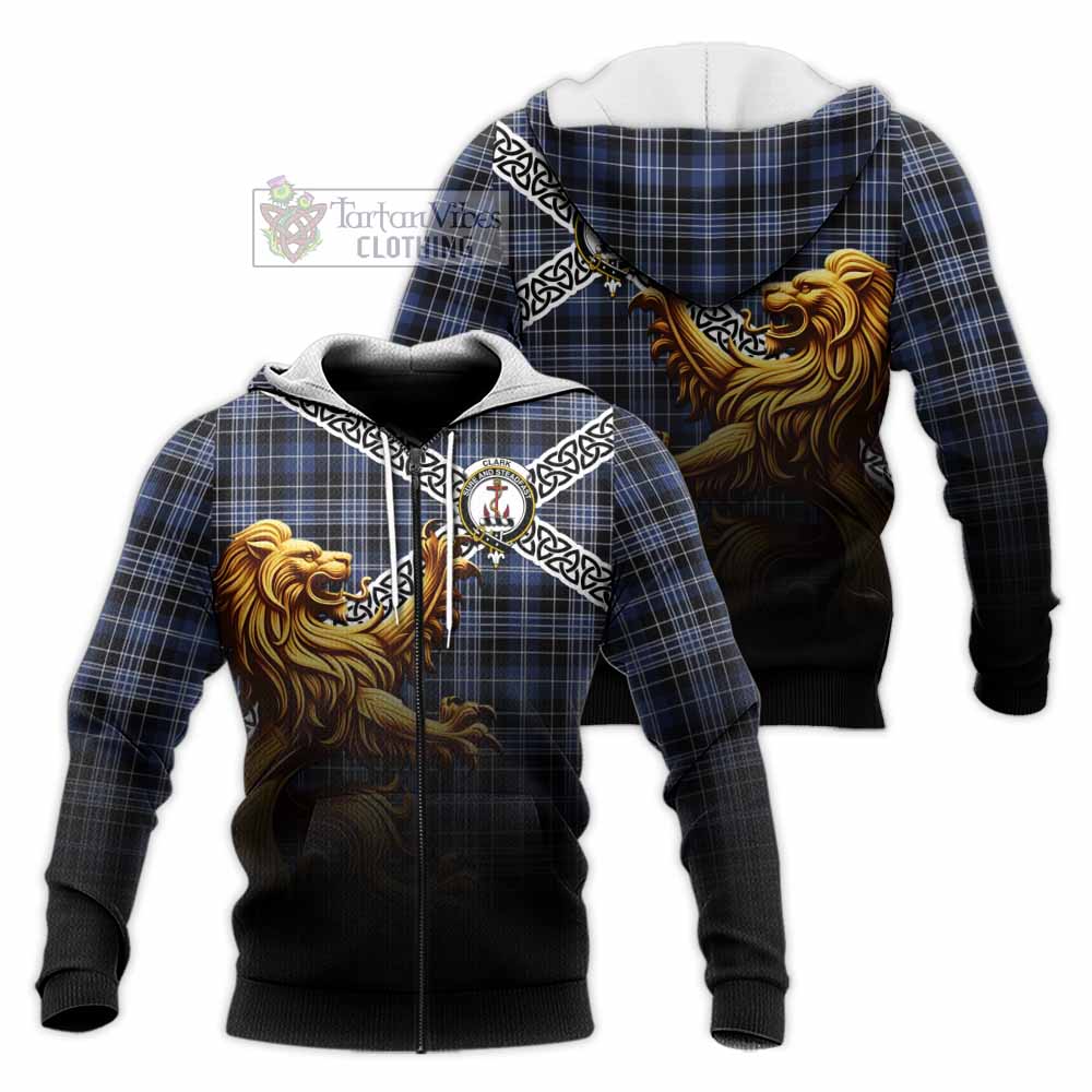 Clark (Clarke) Crest Tartan Knitted Hoodie with Golden Lion Emblem Celtic Style Unisex Knitted Zip Hoodie - Tartan Vibes Clothing