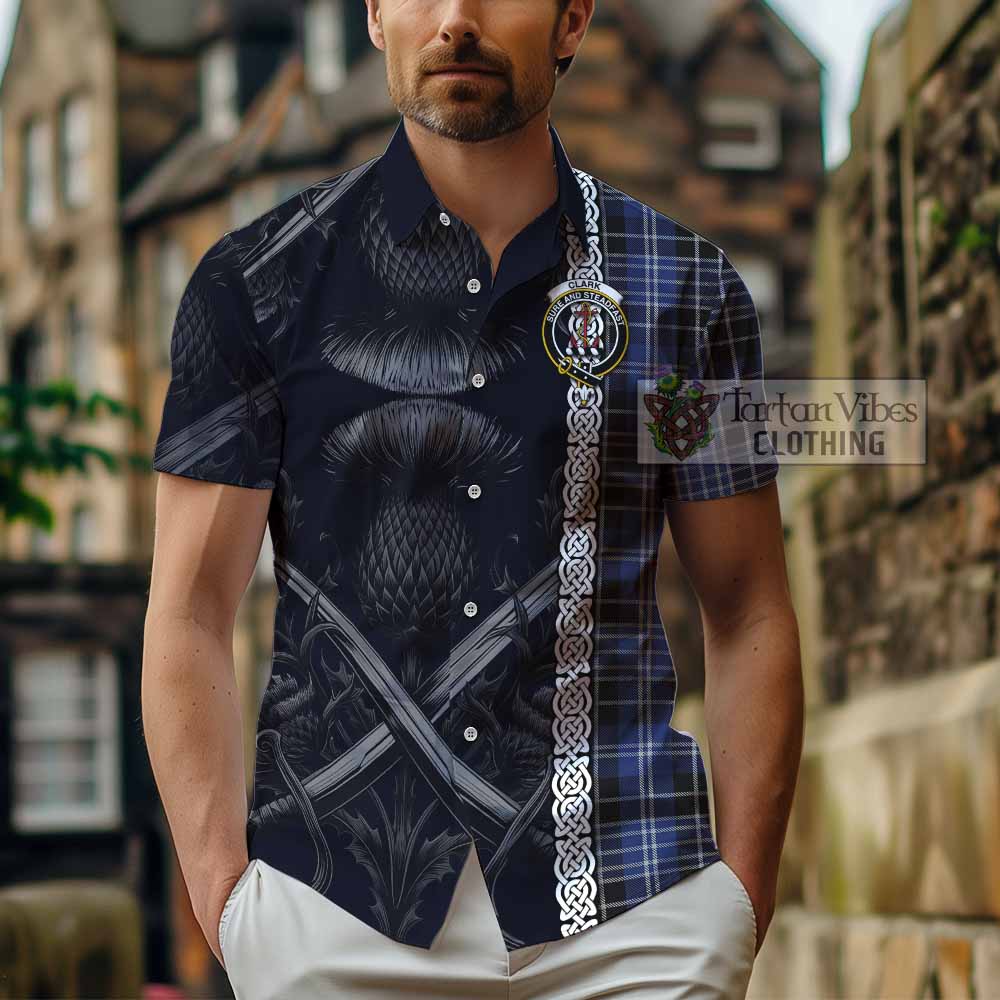 Tartan Vibes Clothing Clark (Clarke) Tartan Short Sleeve Button Shirt with Family Crest Cross Sword Thistle Celtic Vibes