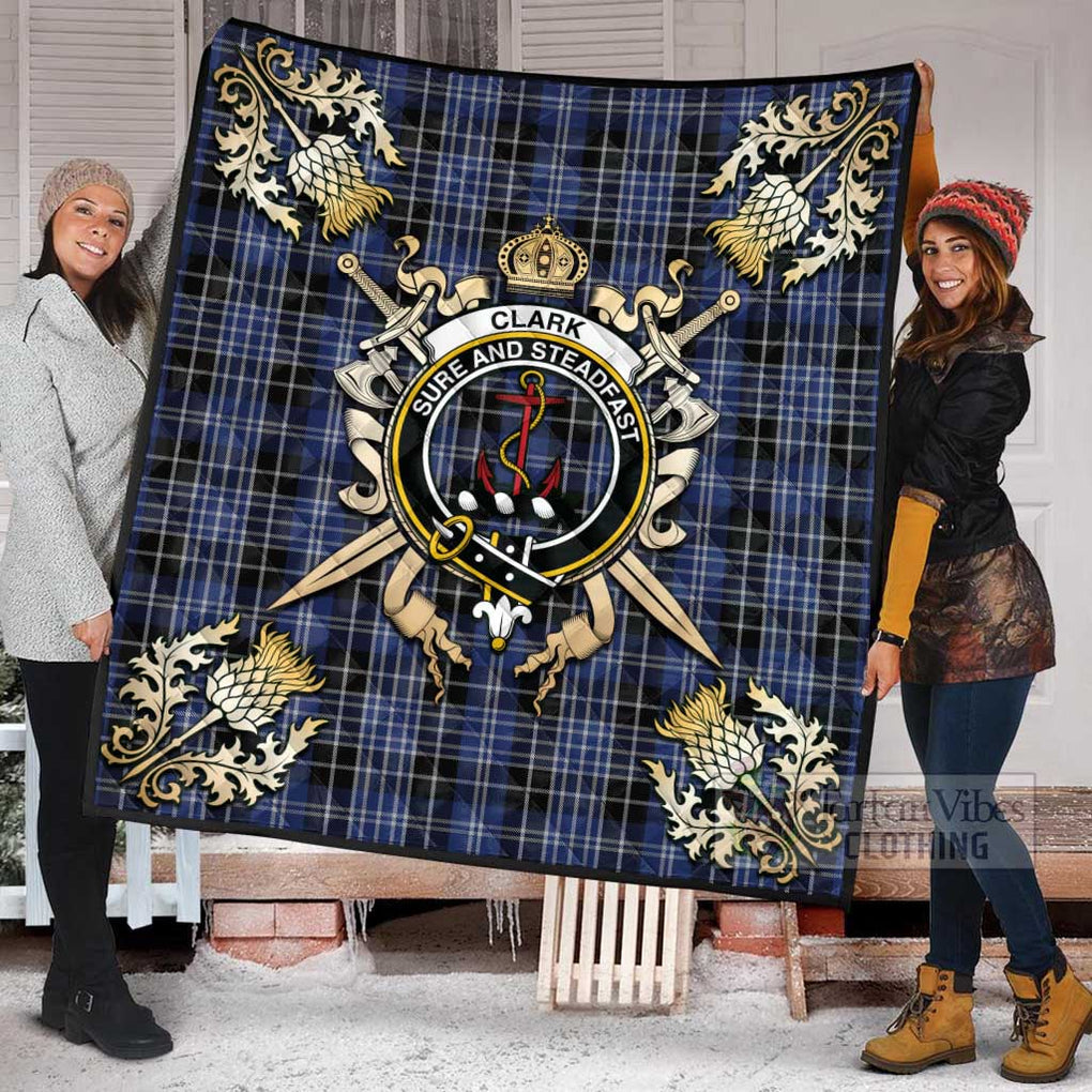 Tartan Vibes Clothing Clark (Clarke) Tartan Quilt with Family Crest and Scottish Golden Courage Shield