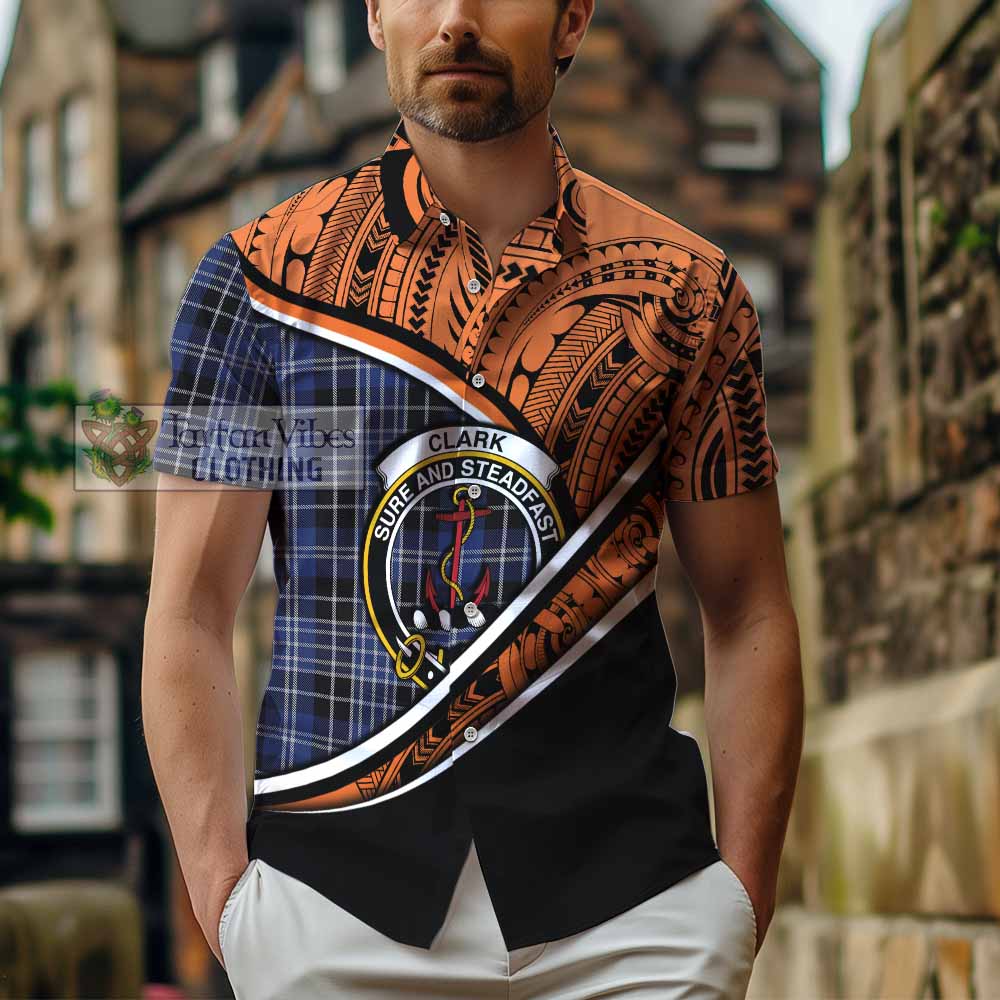 Tartan Vibes Clothing Clark (Clarke) Crest Tartan Short Sleeve Button Shirt with Maori Tattoo Style - Orange Version