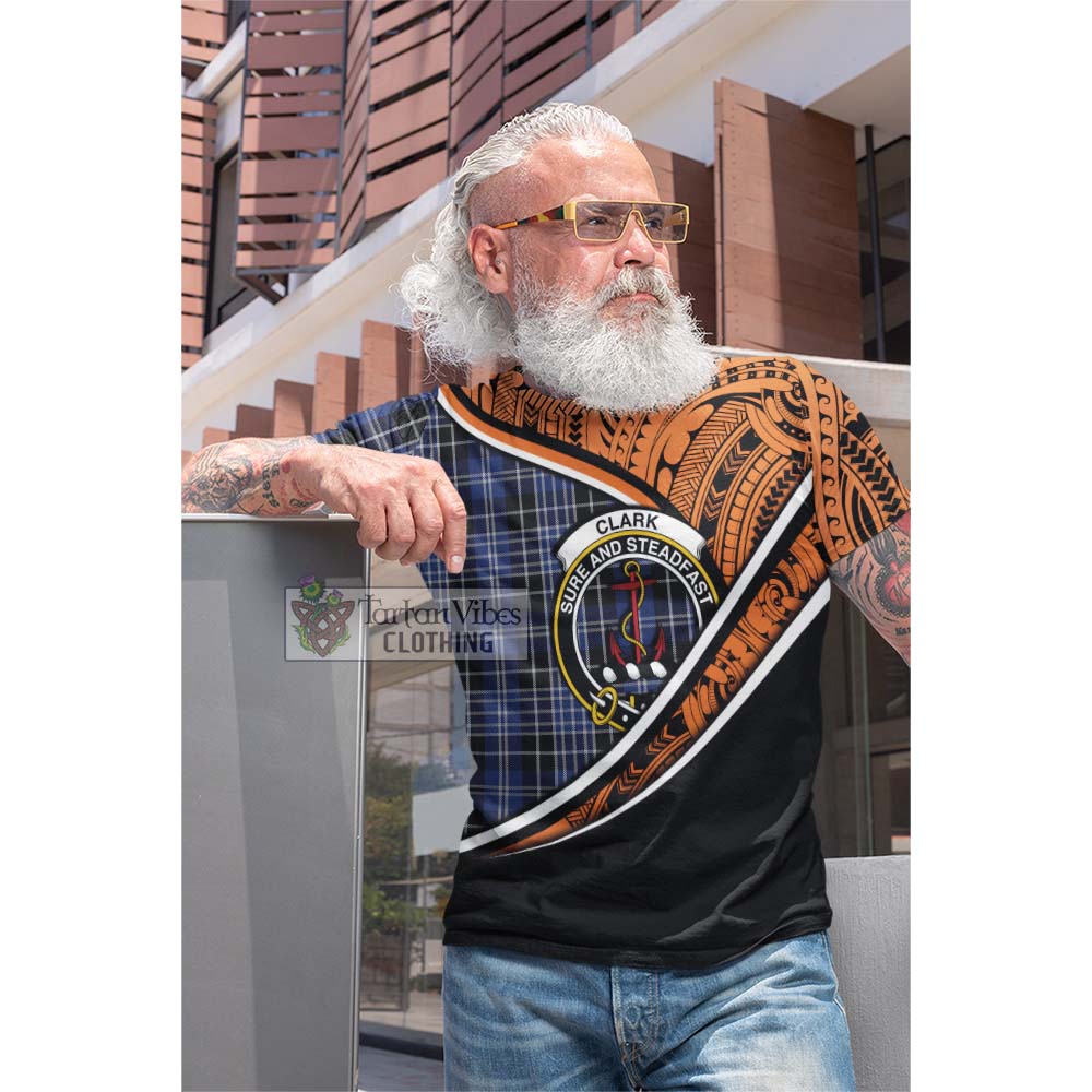 Tartan Vibes Clothing Clark (Clarke) Crest Tartan Cotton T-shirt with Maori Tattoo Style - Orange Version