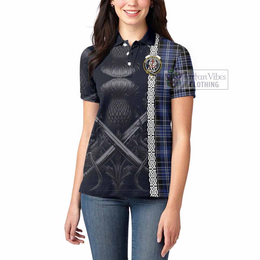 Tartan Vibes Clothing Clark (Clarke) Tartan Women's Polo Shirt with Family Crest Cross Sword Thistle Celtic Vibes