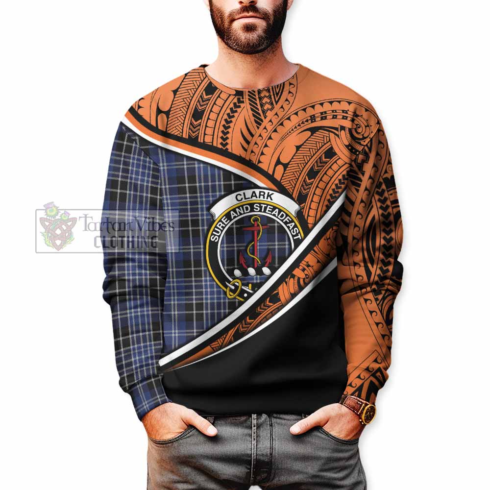 Tartan Vibes Clothing Clark (Clarke) Crest Tartan Sweatshirt with Maori Tattoo Style - Orange Version