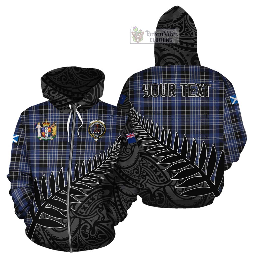 Tartan Vibes Clothing Clark (Clarke) Crest Tartan Cotton Hoodie with New Zealand Silver Fern Half Style